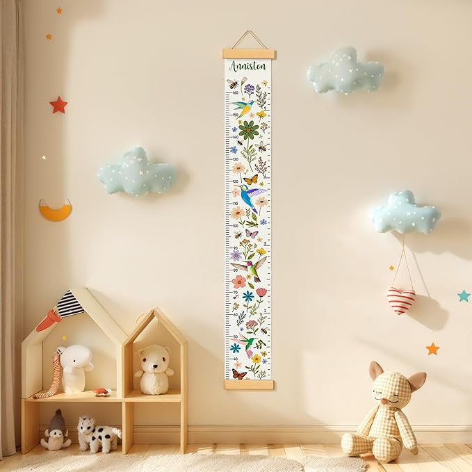 Personalized Name Height Chart for Kids, Kids Growth Chart for Wall, 59" X 7.9" Canvas Removable Height Chart Measuring Ruler for Kids & Baby(Painted Birds and Flowers）