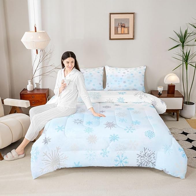 Feelyou Glitter Snowflake Comforter Set Twin Size, Blue Snowflake Comforter Kids Toddler Ombre Bedding Set Winter Theme Duvet Set Microfiber Bed Set