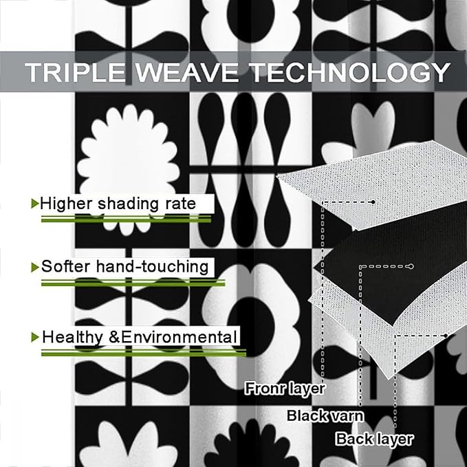 Mid Century Geometric Floral Curtains,Vintage 70s Window Treatments for Boys Girls Kids Bedroom Curtains,Boho Black and White Floral Curtains 84"" W X 84"" L, Style-10