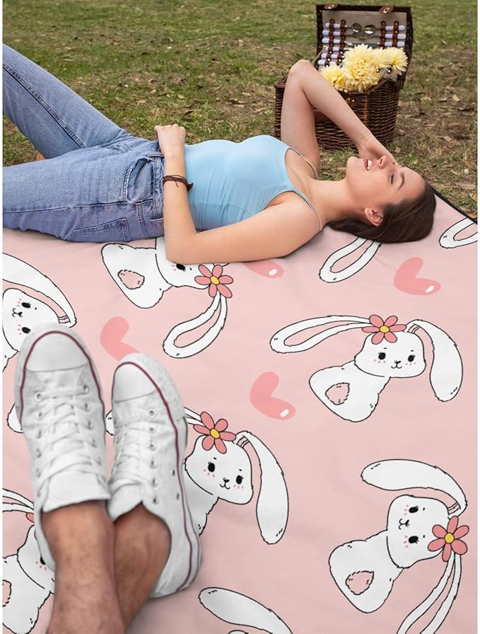 Thuswarm Cute Bunny Pink Flannel Throw Blanket Gifts Warm Cozy Soft Funny Print Blankets for Summer Room Decoration Bed Couch Sofa 120”×90” Extra Large for Family
