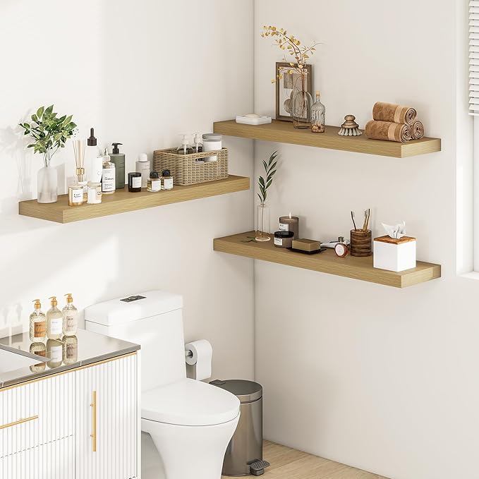 Vivelove 12 Inch Deep Floating Shelves 36 inch Long, 2 Inch Thick Wall Shelves with Invisible Brackets, Shelf for Bedroom Bathroom Living Room Kitchen Office Home Decor, Modern Shelf Set of 2, Oak