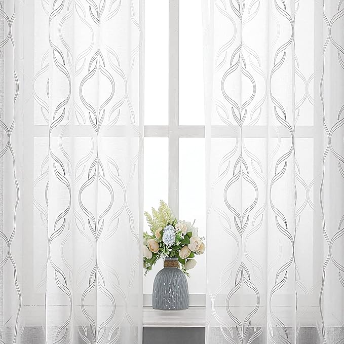 VISIONTEX Sheer Curtains 72 Inches Long 2 Panels Set, Grey and Ivory Moroccan Embroidery Texture Geometric Rod Pocket White Voile Tulle Semi Window Treatment Pair for Bedroom, W54 x L72