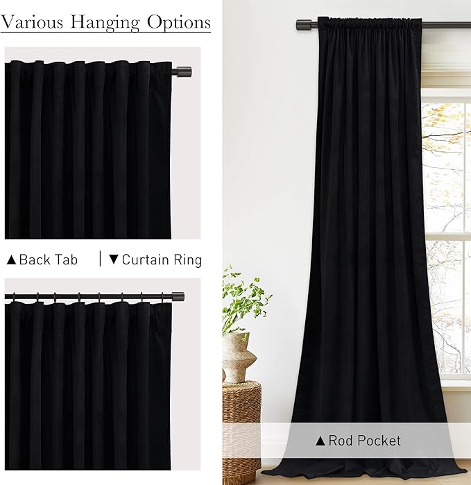 StangH Blackout Curtains 102 inches Long Black Velvet Curtains & Drapes Thermal Insulated for Office/Cafe, Luxury Solid Window Treatment Back Tab for Theater Backdrops, W52 x L102, 2 Panels