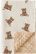 Little Jump Baby Blankets Minky Blankets for Unisex Boys Girls, Soft Fluffy Crib Blankets with Muslin Cotton Front and Dotted Fleece Backing, Teddy Bear Receiving Blanket for Newborn Infants