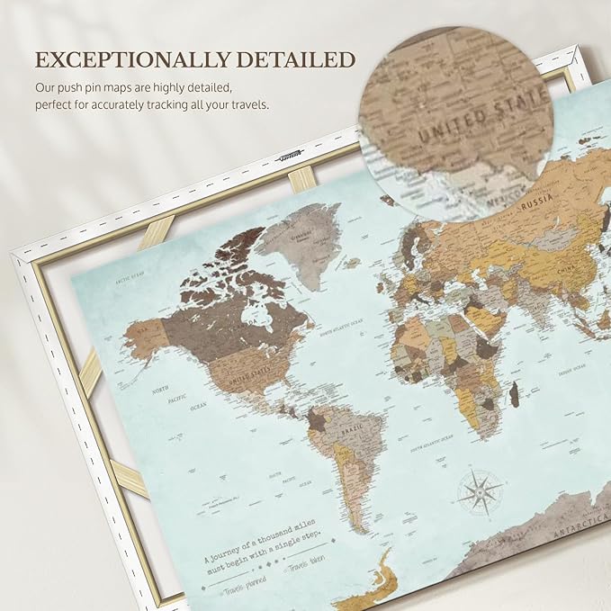 ElephantStock - A Thousand Miles World Push Pin Map Wall Art - Horizontal Canvas Wall Art - Living Room Wall Decor - Printmaking Map Canvas Art - Blue And Brown Decor - 39" x 26"