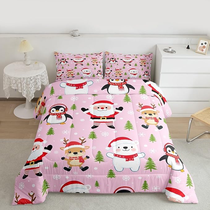 Feelyou Pink Christmas Bedding Set Soft for Boys Girls, Santa Claus Comforter Set Full Size Penguin Deer Duvet Quilt Microfiber Xmas Snowflake Tree Bedroom Decor 3 Pcs with 2 Pillow Cases