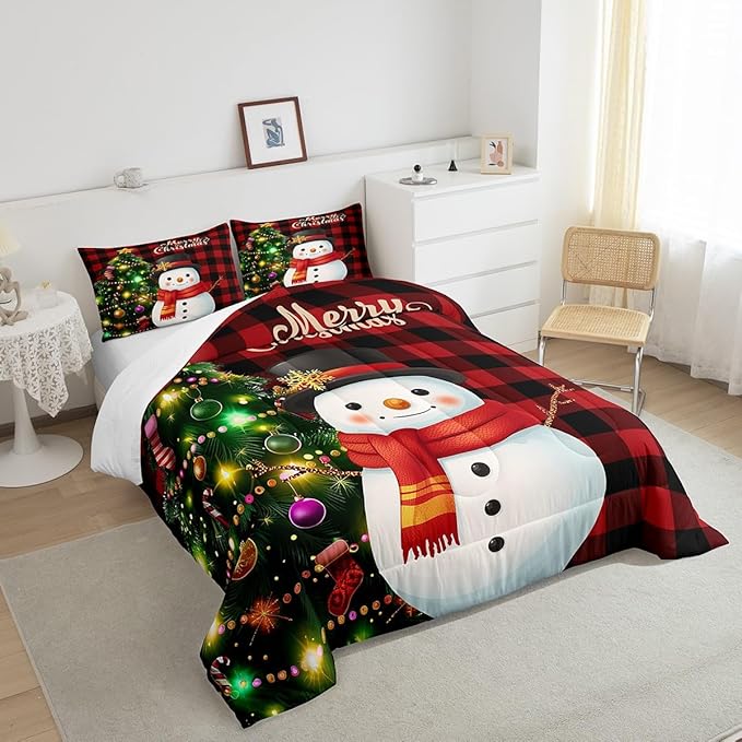 Manfei Christmas Comforter Set King Size, Snowman Christmas Tree Quilt Set with 2 Pillowcases, Red Plaid Grid Print Bedding Set 3pcs for Kids Boys Girls Room Decor