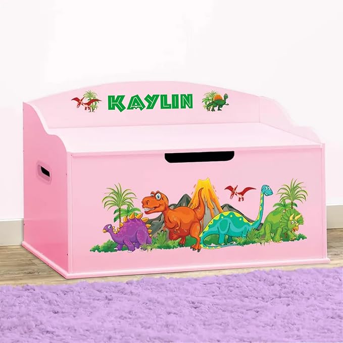DIBSIES Personalized Creative Wonders Toy Box, Dinosaurs, 30 x 19.25 x 18 inches, Soft-Close Lid (Pink)
