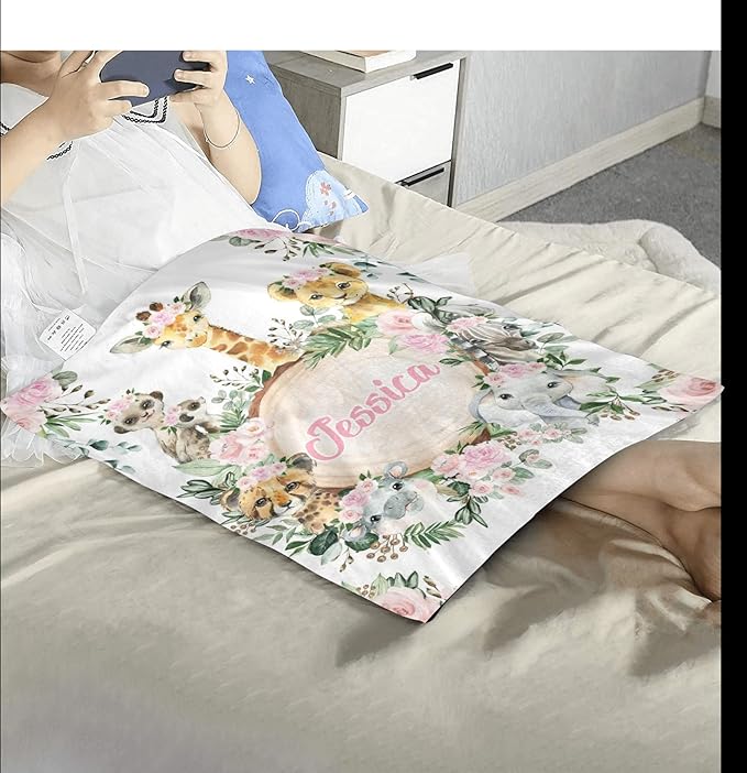 Personalized Cute Jungle Safari Animals Pink Floral Baby Blanket with Name for Girls Boys Custom Nursery Kids Blankets for Baby Shower Birthday Gifts Customized Baby Throw Soft Fleece 30 x 40 inch