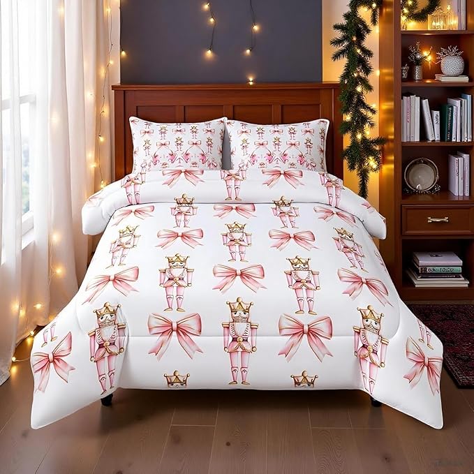 7 Pieces Cartoon Nutcracker Kids Comforter Set King,Pink Bowknot Romantic Princess Bedding Set,Ballet Merry Christmas Bow Tie Dreamy（Comforter+Fitted+Flat Sheet+2 Pillowcases+2 Throw Pillow Covers）
