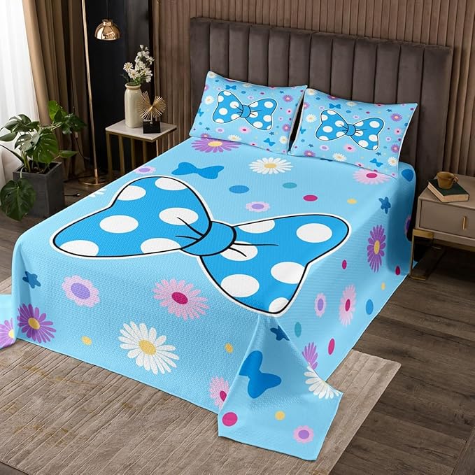 Manfei Blue Bowknot Kids Bedspread King Size,Daisy Flowers Geometric Dot Patchwork Coverlet Set,Girls Women Room Decor,Star Bow Tie Princess Quilted Coverlet,Cute Dreamy Bedding Quilt,2 Pillowcases