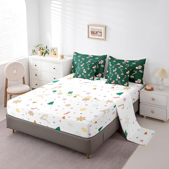 Merry Christmas Kids Bedding Set Xmas Theme Comforter Set with Sheets for Boys Girls Christmas Stockings Snowflake Decor Bed in a Bag Green Pink Xmas Theme Bed Set 7Pcs King Size