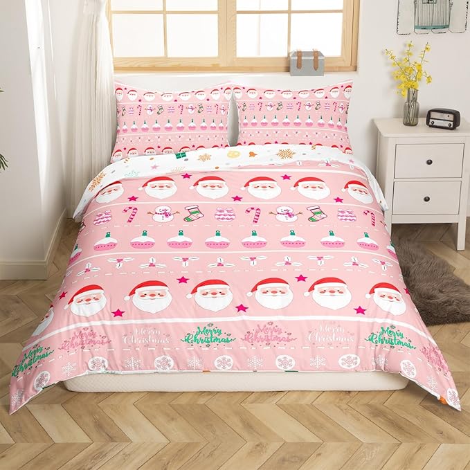 Merry Christmas Decorative Pink Comforter Cover Full Size Xmas Cartoon Santa Claus Snowmen Duvet Cover Winter New Year Bedding Set Gifts for Kids Boys Girls 2 Pillow Cases