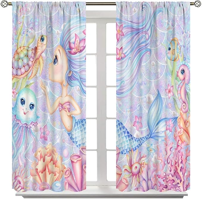 Mermaid Curtains for Girls Children Pink Sea Animal Mermaid Coral Bedroom Curtains for Living Room Room 42x63 Inch