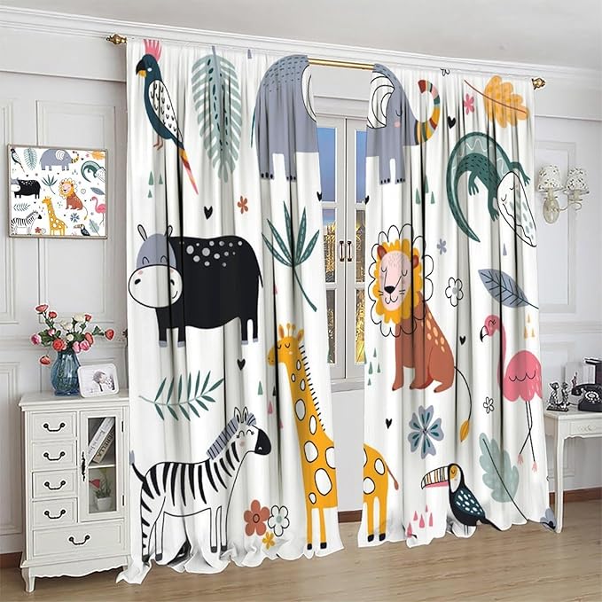 YCness Cartoon Forest Animals Curtains, Woodland Woodland Wild Giraffe Zebra Lion Hippopotamus Window Treatments for Kids Bedroom Living Room Home Nursery Drapes, 42x45 Inch