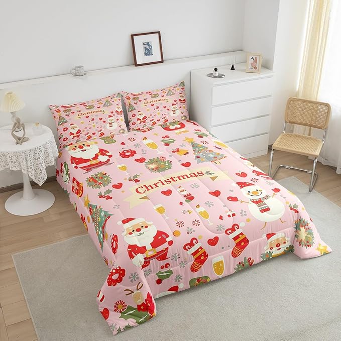 Feelyou Christmas Bedding Set for Kids Boys Girls Toddler Size Cute Santa Claus Comforter Set Ultra Soft Comforter Xmas Tree Duvet Quilt Bedroom Decor Christmas Decor Quilt