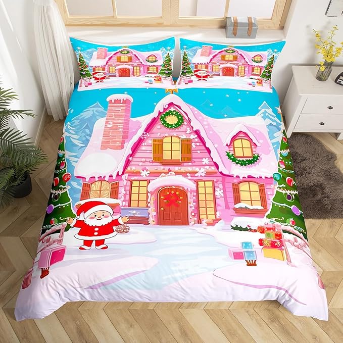 Feelyou Merry Christmas Pink Comforter Cover Set Cartton Cute Santa Claus Bedding Set King Size for Kids Boys Girls Bedroom Bed Decor Xmas Duvet Cover Set Soft Quilt Cover,No Comforter