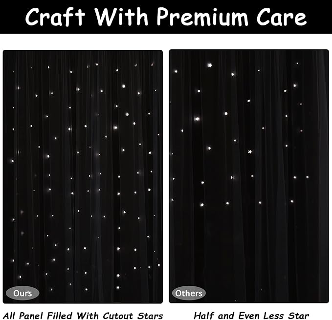 Kinryb Black Star Cutout Blackout 95 Inches Curtains Double Layer with Sheer Overly Curtains for Bedroom Thermal Insulated Window Treatment Set with 2 Free Tiebacks (52W x 95L 2 Panels Black)