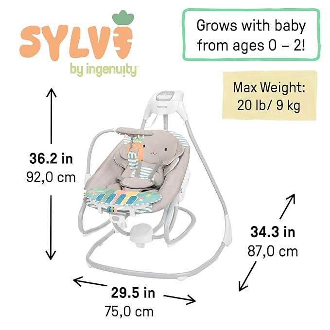 Ingenuity SimpleComfort Piano Playtime 4-in-1 Baby Swing & Rocker, Soothes & Grows with Baby, Rotating Seat Swings in 3 Directions, 6 Speeds & 12 Melodies, Removeable Rocker Seat, 0 Months to 2 Years
