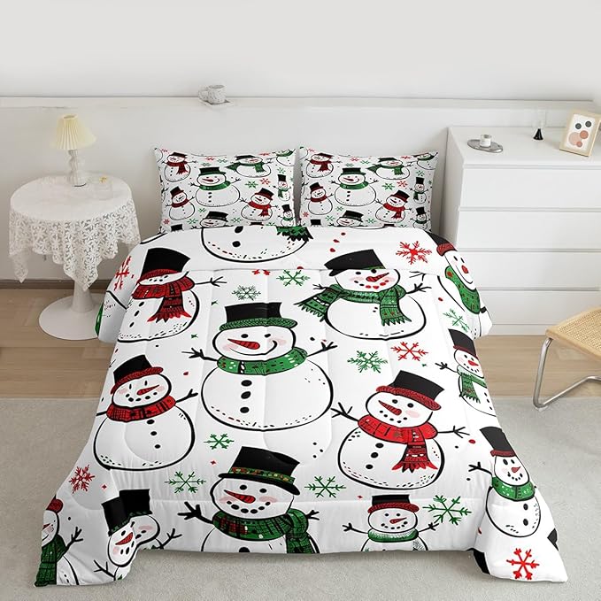 Feelyou Christmas Comforter Set All Season Snowman Bedding Set with 2 Pillow Cases Snowflake Microfiber Kids Queen Bedclothes Bedroom Decor Duvet Quilt Breathable Soft Lightweight