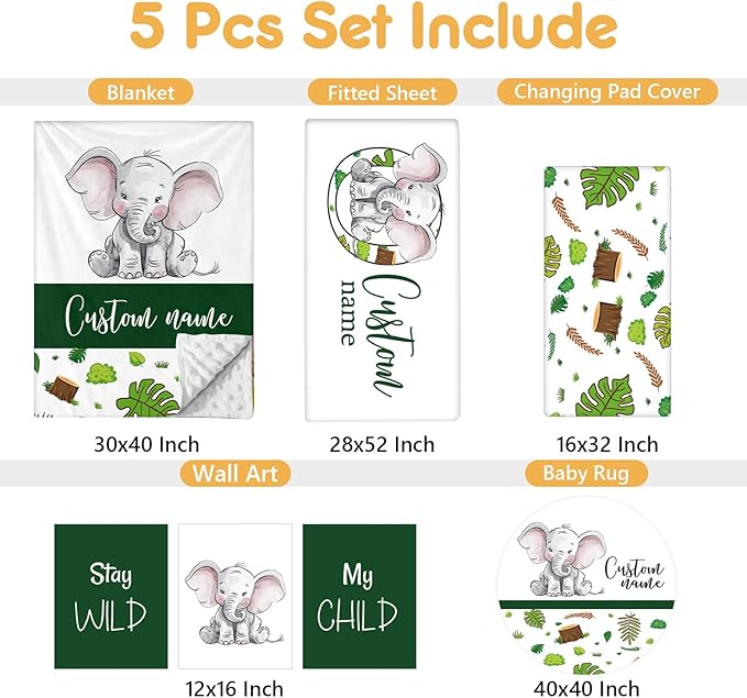 Personalized Baby Crib Set, 5 Pcs Baby Boy Crib Bedding Set, Custom Name Green Elephant Baby Crib Bedding Set Neutral, Double Layer Flannel Nursery Bedding Set, Infant Toddler Customized Gift