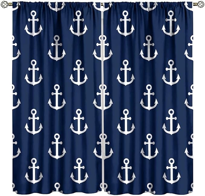 Nautical Costal Curtains,MarineThemed Oceanic Anchor Pattern Blackout Print Home Bedroom Living Room Window Treatments 2 Panel Set 42x54 Inch