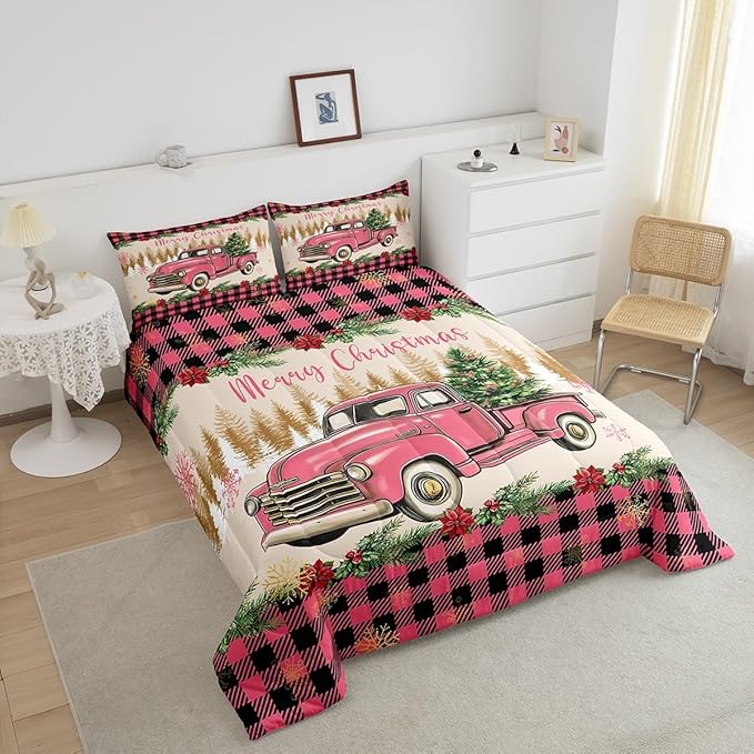 Erosebridal Christmas Comforter Sets Merry Xmas Tree Toddler Bedding Sets Red Truck Painting Down Comforter,Lattice Decor Bed Set for Kids Boys Girls Teens Bedroom Decor,Reversible