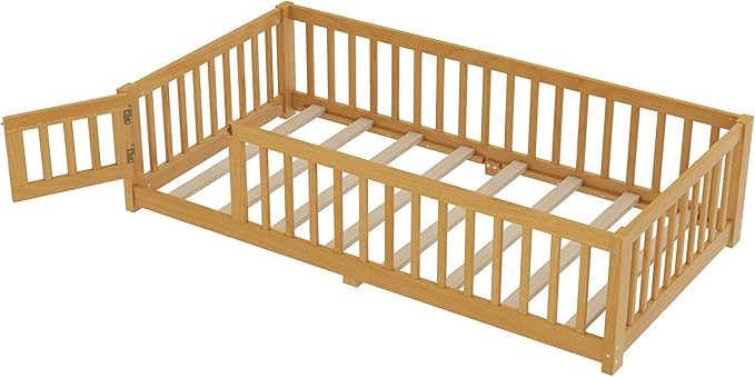 Harper & Bright Designs Twin Floor Bed Frame with Safety High Fence, Wood Montessori Bed with Door, Twin Size Floor Beds with Solid Wood Support Slats for Boys, Girls, Kids, Natural