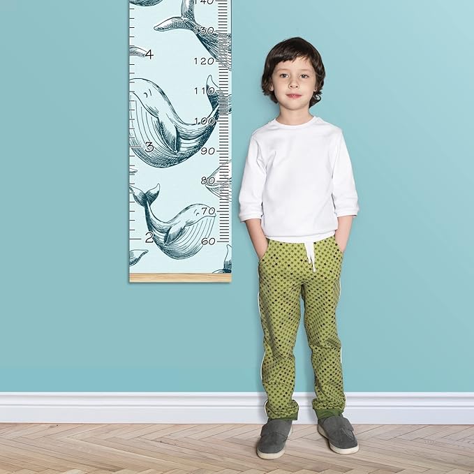 Personalized Kids Name Growth Chart Ruler for Wall Wood Frame Height Measure Chart 13.4x56 in Linen Hanging Height Growth Chart Ocean Dolphin Fish Kids Room Decor
