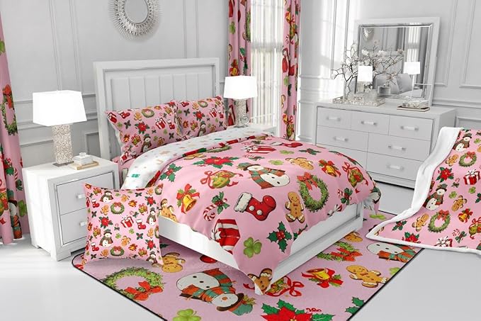 jejeloiu Merry Christmas Comforter Set Full Size Cute Snowman Bedding Set for Kids Boys Girls Gingerbread Man Duvet Quilt Pink Bedroom Decor
