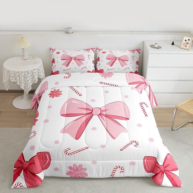 Feelyou Pink Bowknot Comforter Set All Season Christmas Candy Cane Snowflake Bedding Set with 2 Pillow Cases Cute Bow Microfiber Kids King Bedclothes Dreamy Princess Style Bedroom Decor Duvet Quilt