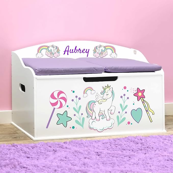 DIBSIES Personalized Creative Wonders Toy Box, Unicorns & Rainbows, 30 x 19.25 x 18 inches, Soft-Close Lid (White)