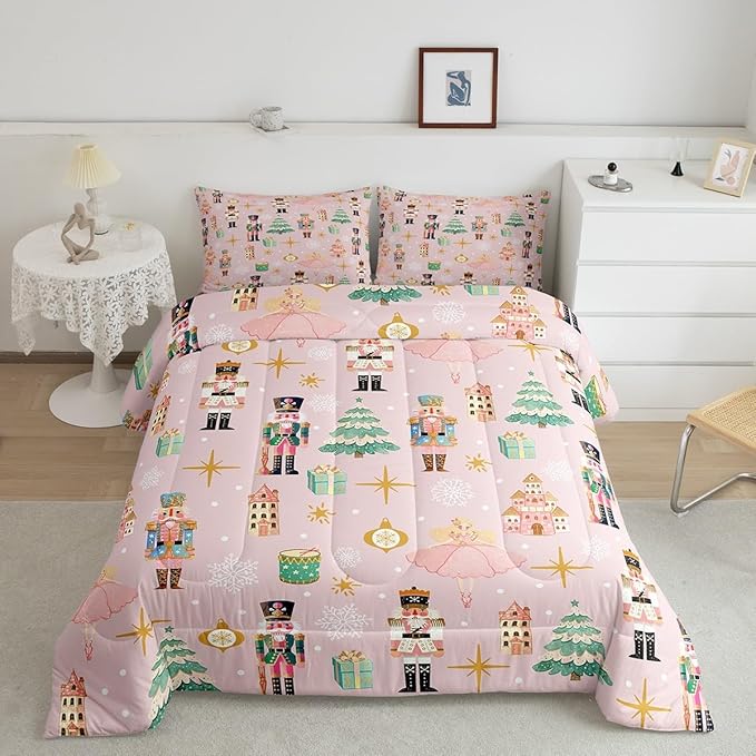 Erosebridal 7Pcs Pink Christmas Comforter Set Twin Size,Christmas Nutcracker Bedding Set,Dreamy Castle Princess Bed in A Bag,Xmas Galaxy Snow Quilt with Flat Fitted Sheet for Kids Boys Girls