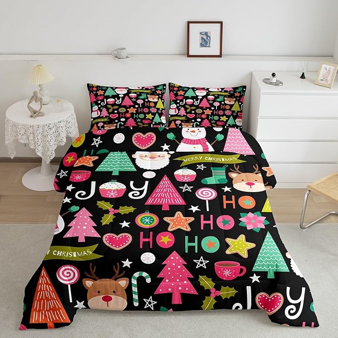 Merry Christmas Kids Comforter Set Queen Size,Cartoon Santa Claus Snowman Xmas Bedding Set,Boys Girls Adults Room Decor,Christmas Trees Deer Cute Down Comforter,Colorful Duvet Insert,2 Pillowcases