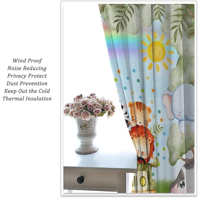 Woodland Kids Curtains Rustic Woodland Wild Animals Watercolor Forest Rainbow Sun Window Draeps for Baby Girls Boys Kids Nursery Bedroom Living Room 2 Panels, 42x63 Inch
