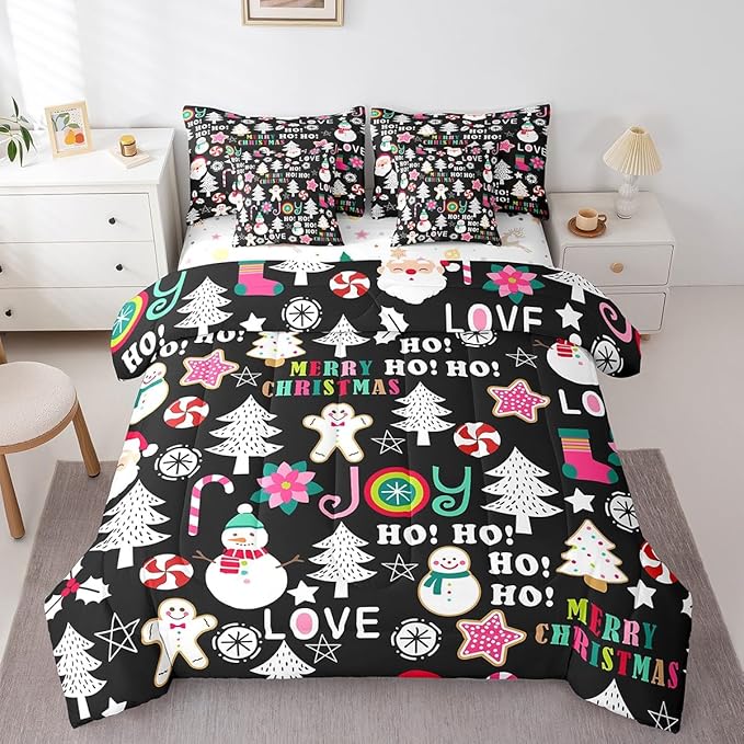 Christmas Kids Bedding Set Cartoon Snowman Gingerbread Man Comforter Set with Sheets for Boys Girls Christmas Tree Decor Bed in a Bag Pink Xmas Theme Black Bed Set 7Pcs King Size