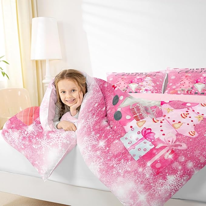 Castle Fairy Girly Christmas Comforter Set Twin Size,Pink Gnome Xmas Pine Trees Gift Bedding Set for Kids Boys Men,Snowflake Stars Glitter Sparkling Quilted Duvet Set with 1 Pillowcase