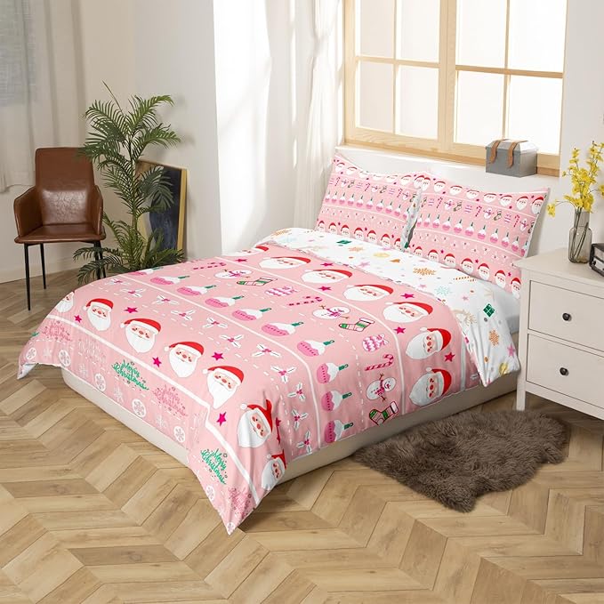 Feelyou Merry Christmas Decorative Pink Comforter Cover Queen Size Xmas Cartoon Santa Claus Snowmen Duvet Cover Winter New Year Bedding Set Gifts for Kids Boys Girls 2 Pillow Cases