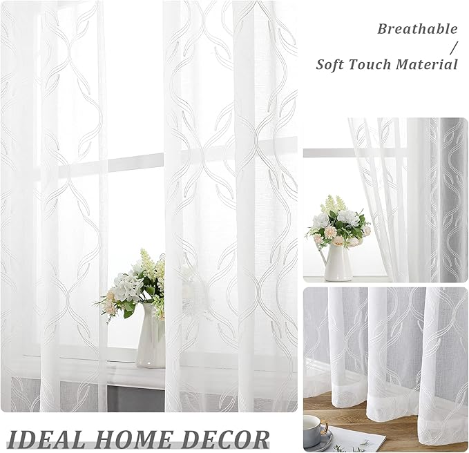 VISIONTEX Sheer Curtains 72 Inches Long 2 Panels Set, White Moroccan Embroidery Texture Geometric Rod Pocket White Voile Tulle Semi Window Treatment Pair for Bedroom, W54 x L72