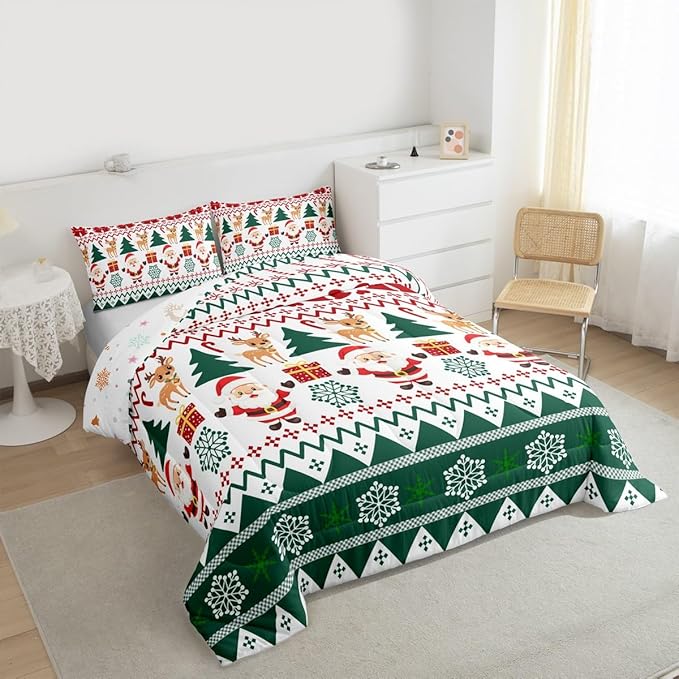 Feelyou Merry Christmas Kids Comforter Set Toddler Size Santa Claus Bedding Set Cute Deer Duvet Quilt for Kids Boys Girls Bedroom Snowflake Decor Microfiber Ultra Soft Breathable