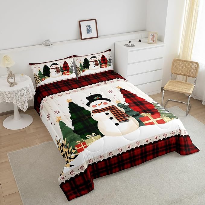Manfei Snowman Comforter Set King Size, Xmas Leopard Plaid Trees Snowflake Down Comforter with 2 Pillowcases, Christmas Theme Bedding Set 3pcs for Kids Girl Bedroom Decor New Year Duvet Insert