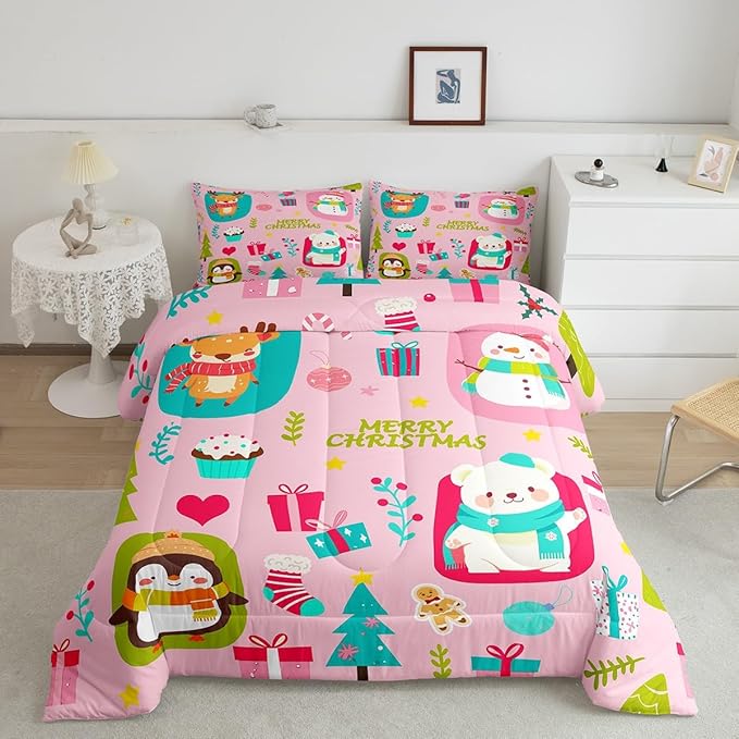 Erosebridal Christmas Cartoon Bedding Set for Kids Cute Snowman Bear Comforter Set Toddler Size Xmas Tree Deer Elk Reversible Quilts Kawaii Penguin Animal Duvet Insert Room Decor