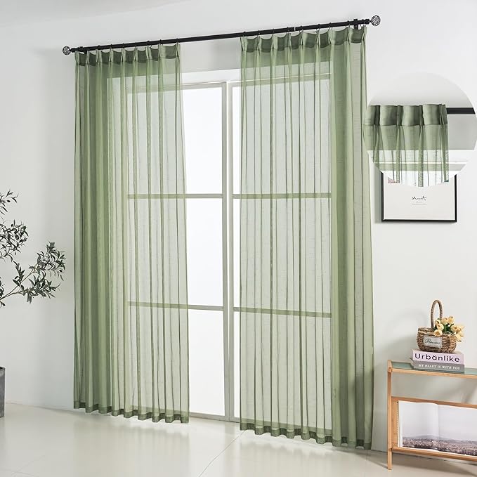 Sage Green Linen Look Pinch Pleated Sheer Curtains 102 Inches Long 2 Panels, 50 Inches Width, Rustic Textured Light Filtering Drapes, Elegant Floor to Ceiling Window Curtain with Hooks