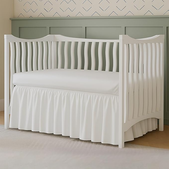 Crib Bed Skirt Dust Ruffle with Split Corners - 100% Cotton - Nursury Standard Crib Bedding Toddler Bedskirt for Baby Boys or Baby Girls - 14" Drop - White Crib Skirt
