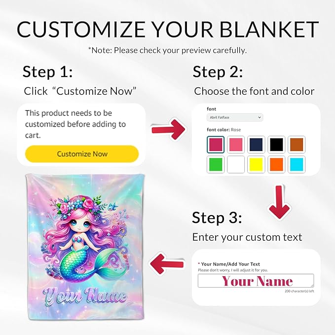 Toddler Blanket for Girls - Custom Mermaid Blanket for Girls 4-6 - Kids Mermaid Gifts for Crib, Lap