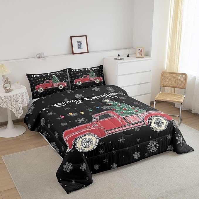 Castle Fairy Merry Christmas Theme Kids Comforter Set Full,Xmas Tree Red Truck Snowflake Watercolor Graffiti Print Bedding Set for Boys Girls Teens Bedrrom Decor,Farmhouse Vintage Rustic Quilt 3 Pcs