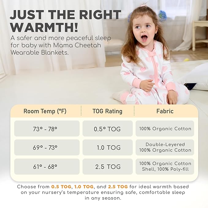 Mama Cheetah Toddler Sleep Sack with Feet, Long Sleeve 0.5 TOG Organic Cotton Baby Sleeping Bag with Legs, Wearable Blanket for Walkers w/ 2-Way Zipper, Toddler Blanket for Girls & Boys 6-18 M