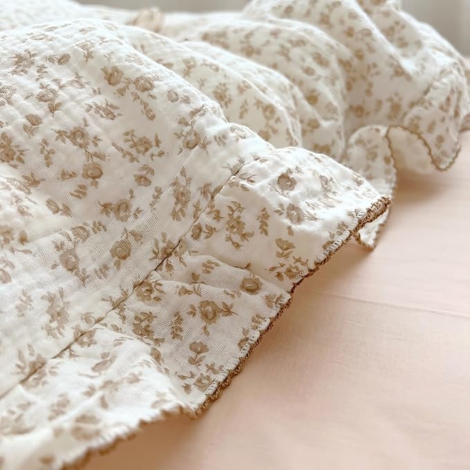 BuLuTu Muslin Kids Duvet Cover for Full Size Bed, Vintage Farmhouse Duvet Covers with Ruffles, Soft Cotton Comforter Cover, Camellia, Zipper Closure & Corner Ties, No Comforter