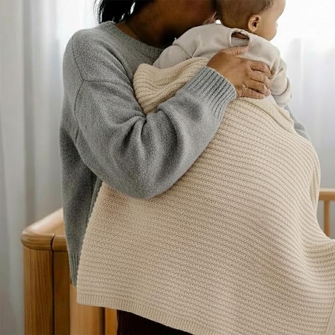 Baby Knit Blanket, 100% Cotton Waffle Patterns, Soft, Cozy, Lightweight Swaddle for Newborn & Infant Swaddling Beige Neutral, Perfect Baby Shower Ideas Beige 28x36