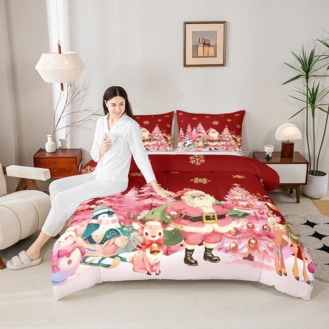 jejeloiu Merry Christmas Comforter Set Full Size Santa Claus Bedding Set for Kids Boys Girls Cute Deer Duvet Quilt Red Bedroom Decor